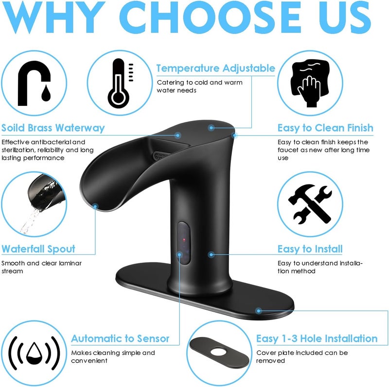 CDLODIN Automatic Sensor Touchless Waterfall Bathroom Sink Faucet, Modern Electronic Sensor Lavatory Faucet, Matte Black Hands Free Vanity Faucets with Control Box and Temperature Mixer - Image 3
